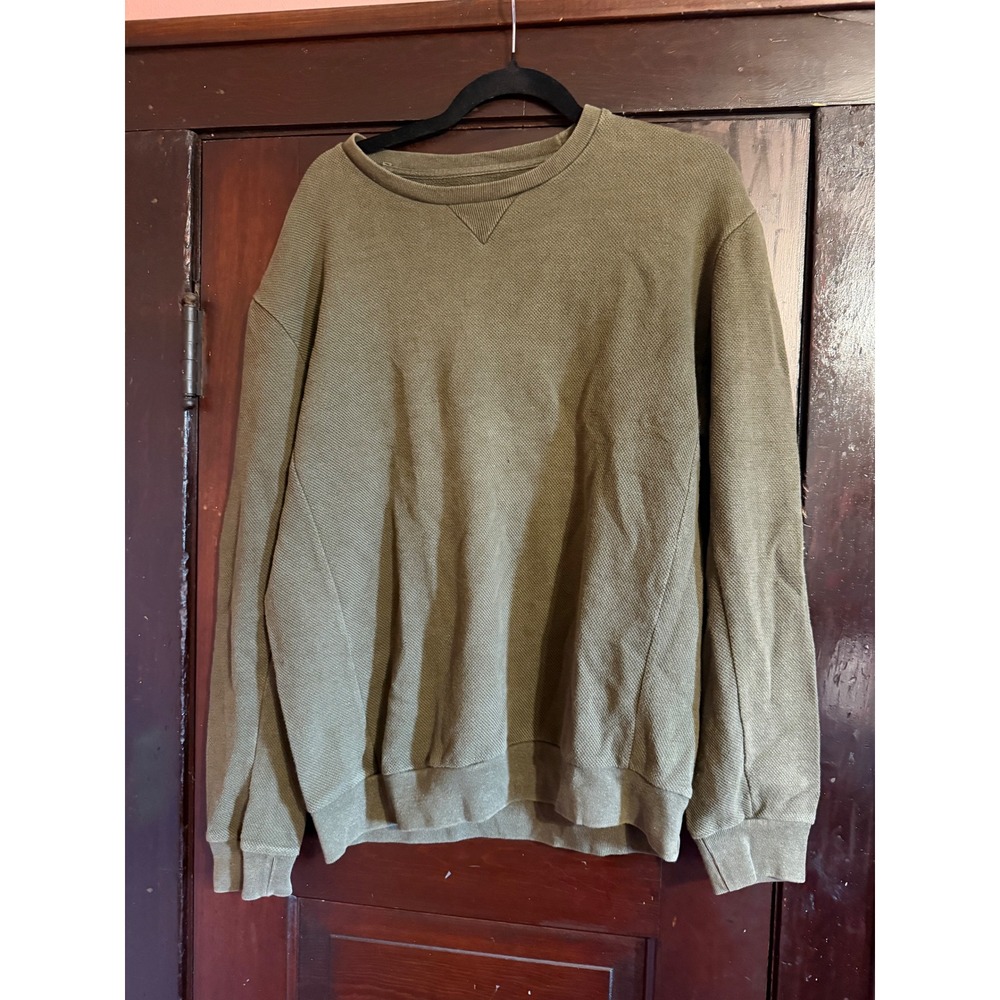 Zara Essentials Mens Olive Green Waffle Knit Crewneck Sweatshirt Large Pullover
